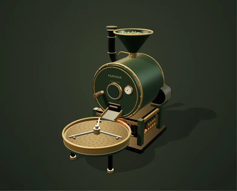Illustrated drum coffee roaster with hopper, firebox and cooling tray